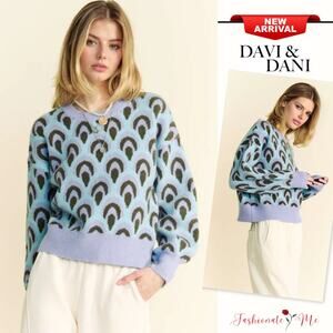 Davi & Dani Scale Jacquard Pattern Crew Neck Drop Shoulder Sweater | Pastel Blue